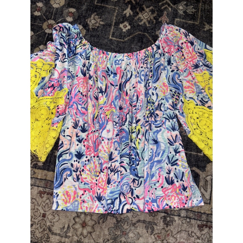 Lilly Pulitzer Medium Zaylee Floral Crochet Lace Bell Sleeve Off Shoulder Top